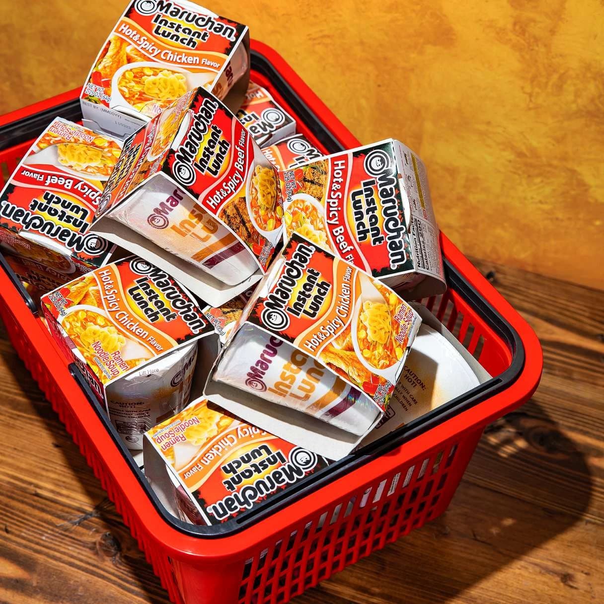 Cart full of instant lunch packages