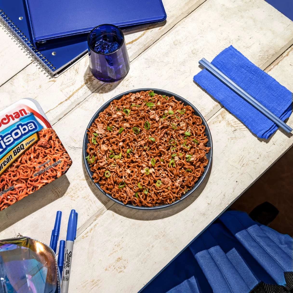 Korean BBQ flavor yakisoba in a bowl on a table