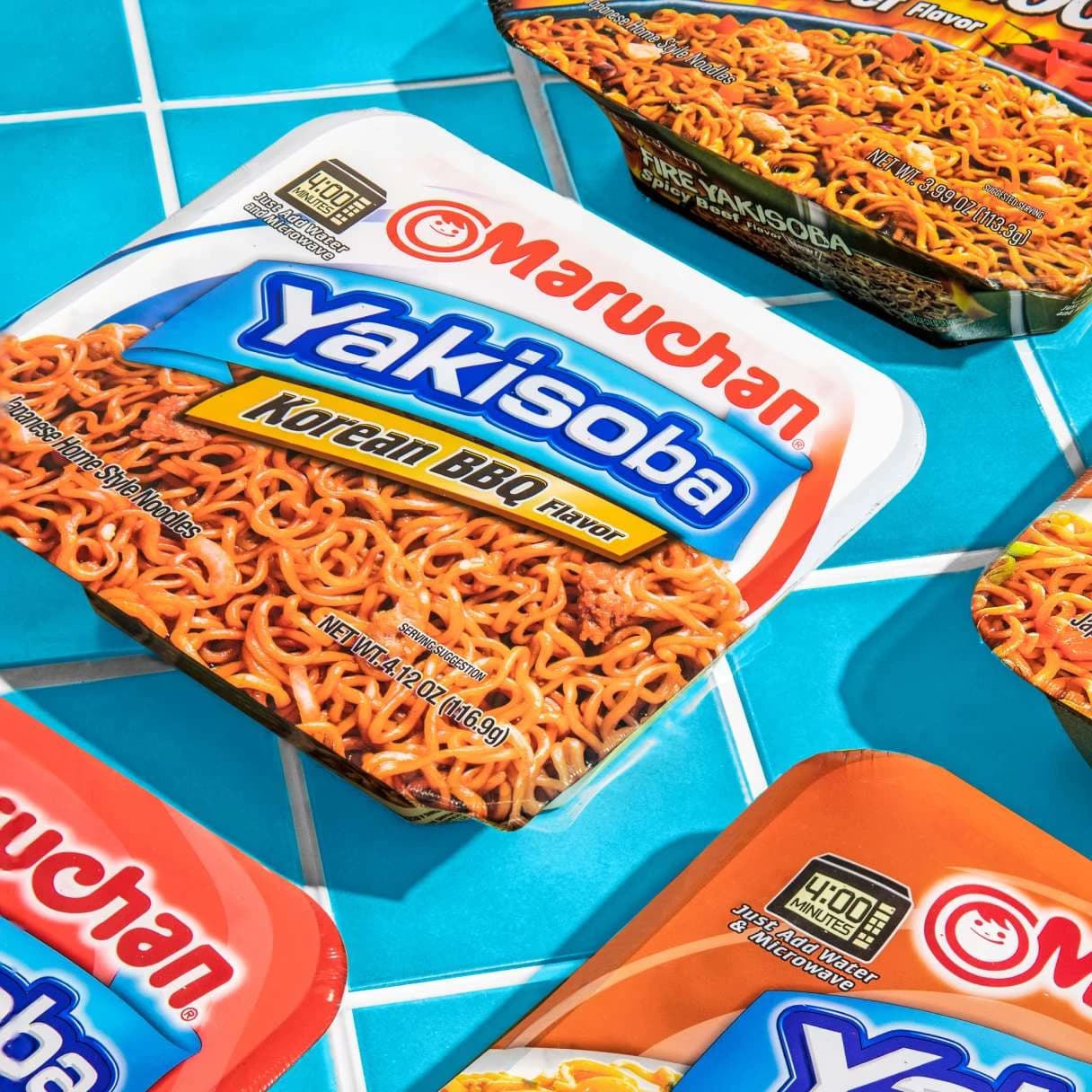 Packages of maruchan yakisoba on a table