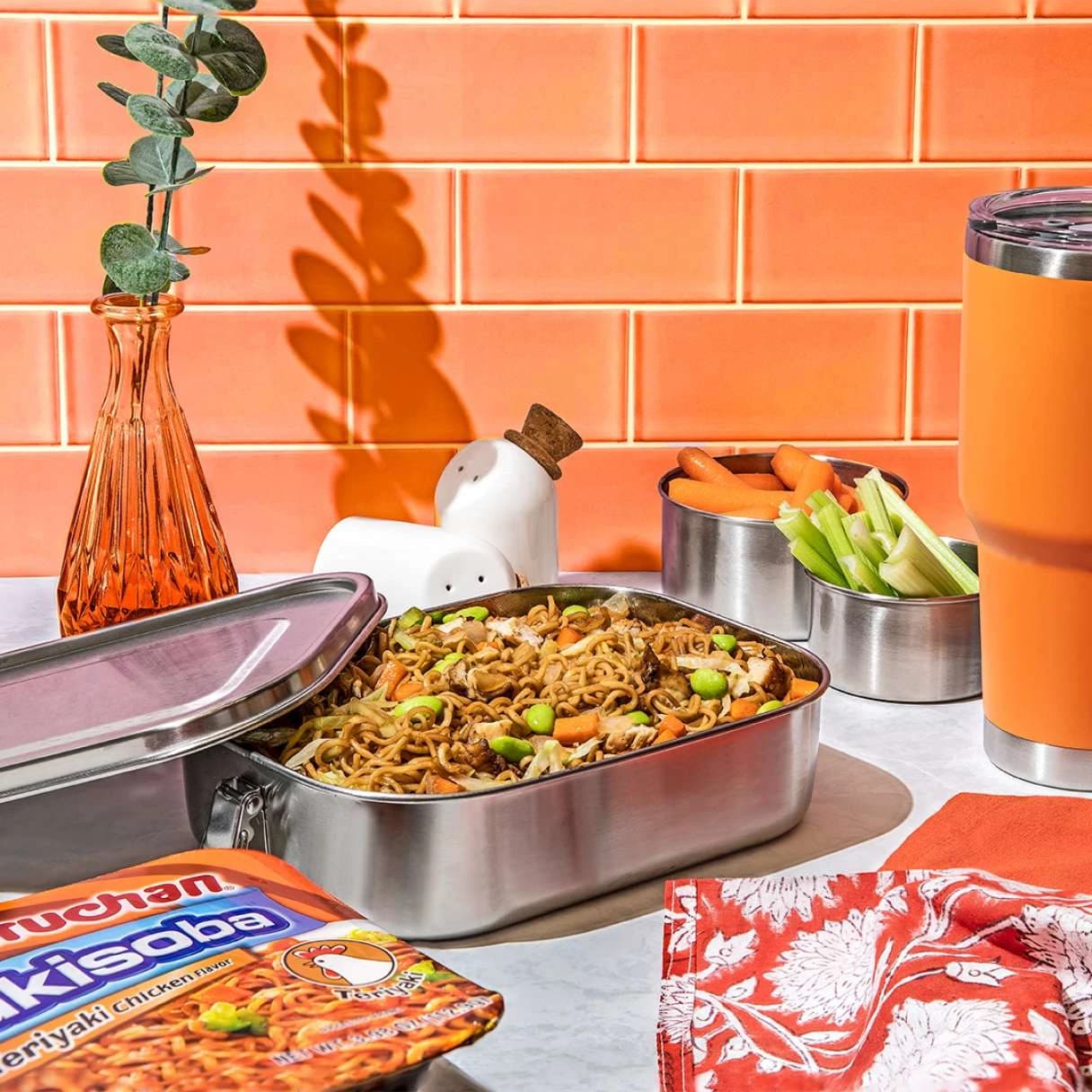 Pan of teriyaki chicken flavor yakisoba on a table